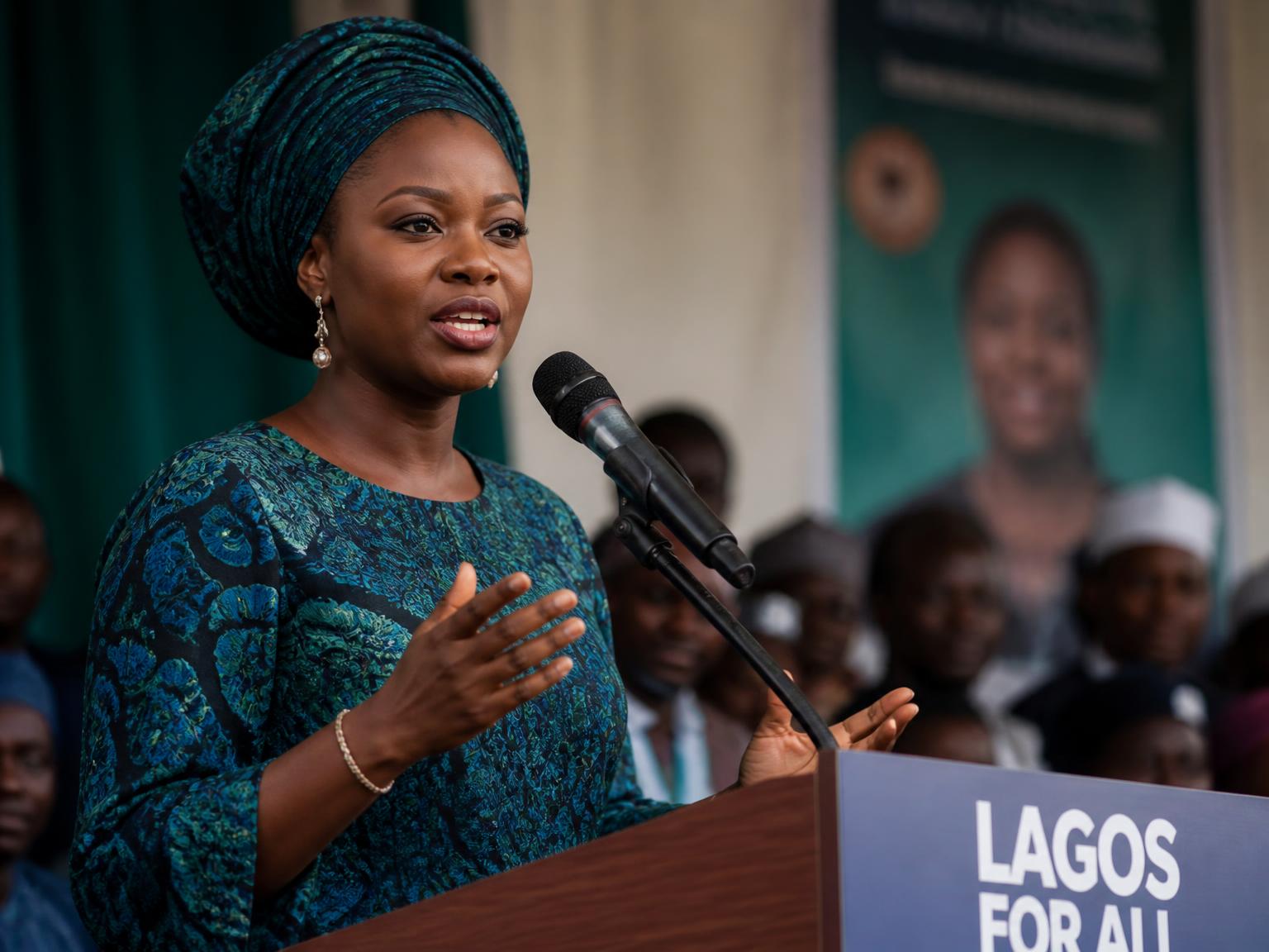 A Nigerian woman candidate speaking at a campaign event